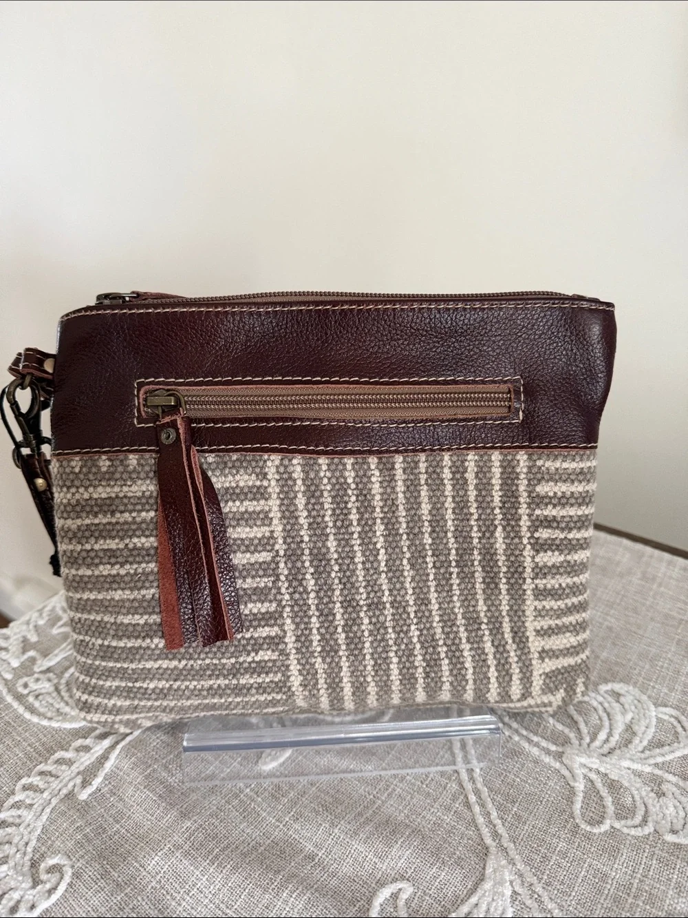 Myra NWOT Puzzled Pouch Wristlet Brown Leather & Beige fabric Wristlet Clutch